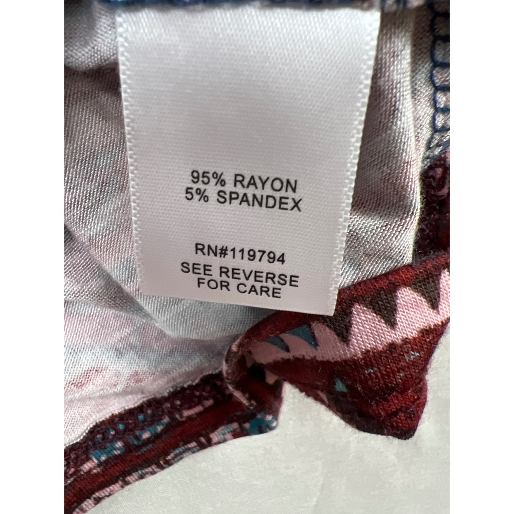 One World V-Neck Top Womens Large Blue Burgundy Boho Mandala 3/4 Sleeve NEW - Picture 3 of 12